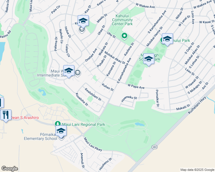 map of restaurants, bars, coffee shops, grocery stores, and more near 665 Kipapa Place in Kahului