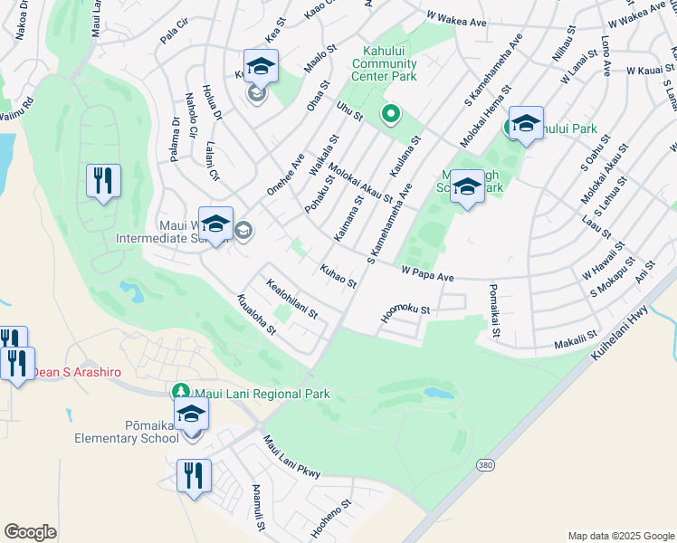 map of restaurants, bars, coffee shops, grocery stores, and more near 665 Kipapa Place in Kahului