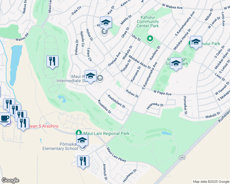 map of restaurants, bars, coffee shops, grocery stores, and more near 283 Kuualoha Street in Kahului