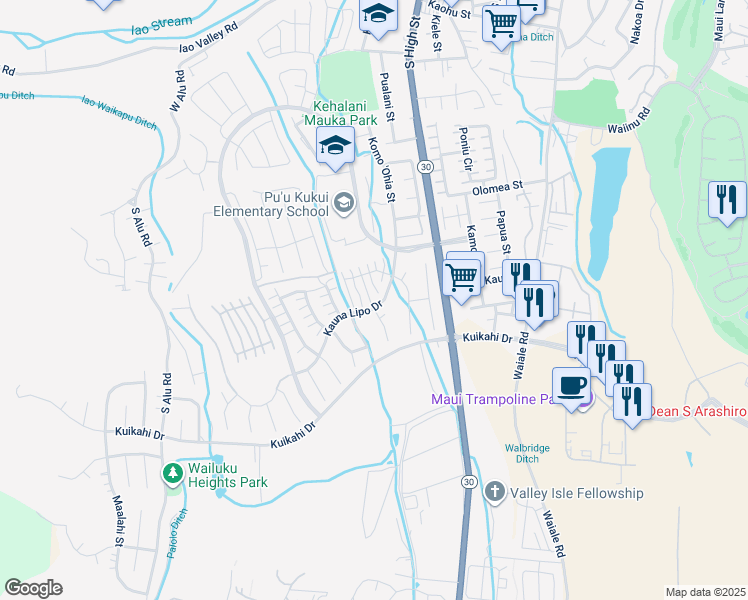 map of restaurants, bars, coffee shops, grocery stores, and more near 39 Kaalea Way in Wailuku
