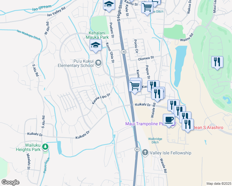 map of restaurants, bars, coffee shops, grocery stores, and more near 38 Maunaleo Street in Wailuku