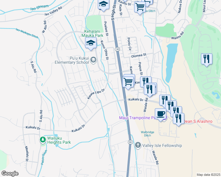 map of restaurants, bars, coffee shops, grocery stores, and more near 38 Maunaleo Street in Wailuku