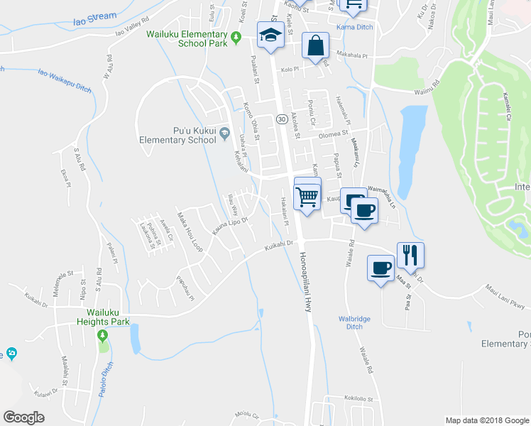 map of restaurants, bars, coffee shops, grocery stores, and more near 38 Maunaleo Street in Wailuku