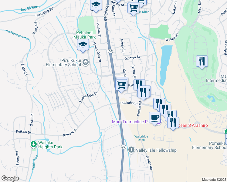 map of restaurants, bars, coffee shops, grocery stores, and more near 57 Hakalani Place in Wailuku