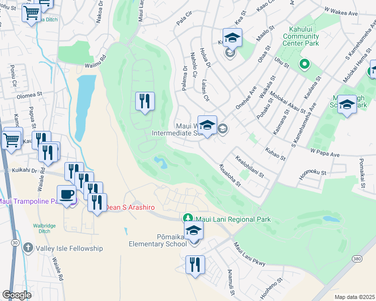 map of restaurants, bars, coffee shops, grocery stores, and more near 23 Huluhulu Place in Kahului