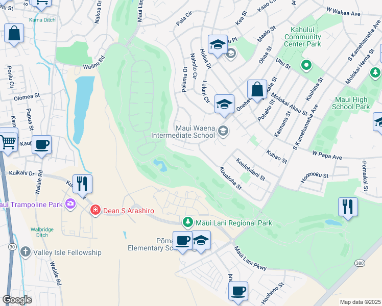 map of restaurants, bars, coffee shops, grocery stores, and more near 15 Huluhulu Place in Kahului