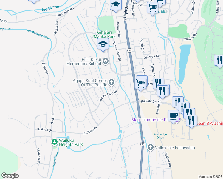 map of restaurants, bars, coffee shops, grocery stores, and more near 35 Iliau Way in Wailuku