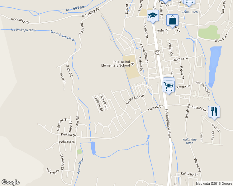 map of restaurants, bars, coffee shops, grocery stores, and more near 12 Kinohi Loa Street in Wailuku