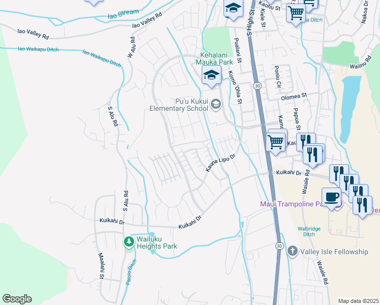 map of restaurants, bars, coffee shops, grocery stores, and more near 12 Kinohi Loa Street in Wailuku
