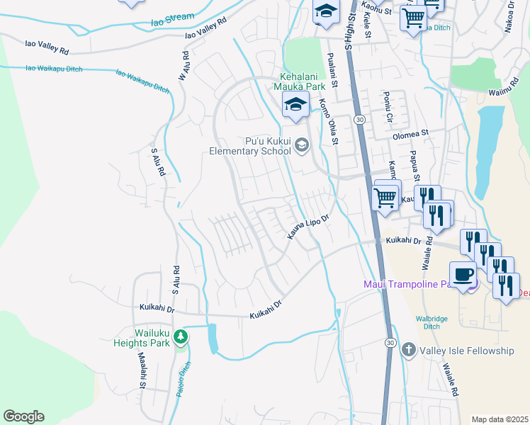 map of restaurants, bars, coffee shops, grocery stores, and more near 12 Kinohi Loa Street in Wailuku