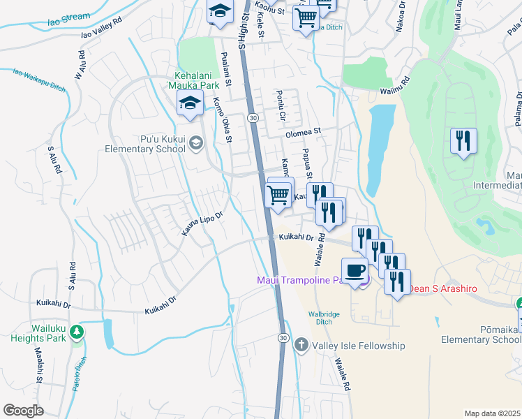 map of restaurants, bars, coffee shops, grocery stores, and more near 57 Hakalani Place in Wailuku