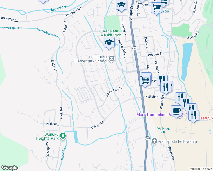 map of restaurants, bars, coffee shops, grocery stores, and more near 55 Maka Hou Loop in Wailuku
