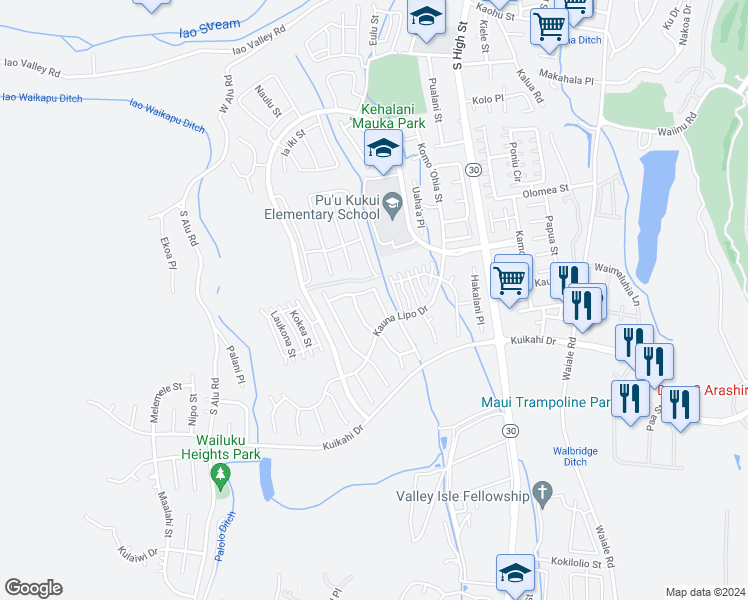 map of restaurants, bars, coffee shops, grocery stores, and more near 55 Maka Hou Loop in Wailuku