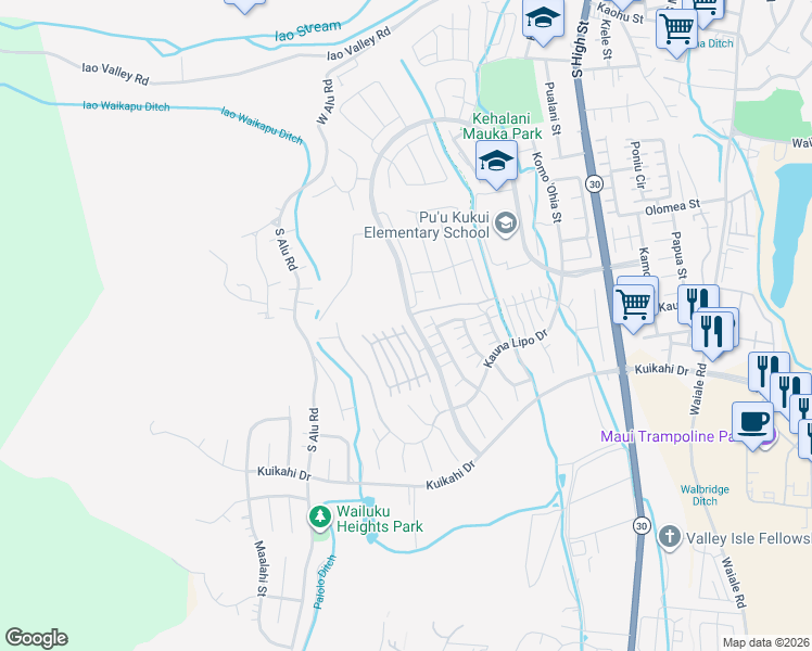 map of restaurants, bars, coffee shops, grocery stores, and more near 104 Awela Circle in Wailuku
