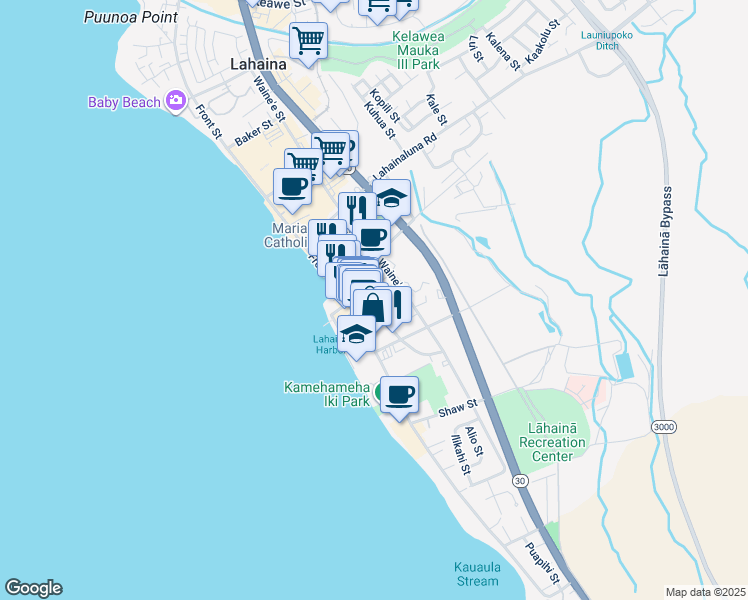 map of restaurants, bars, coffee shops, grocery stores, and more near 660 Luakini Street in Lahaina