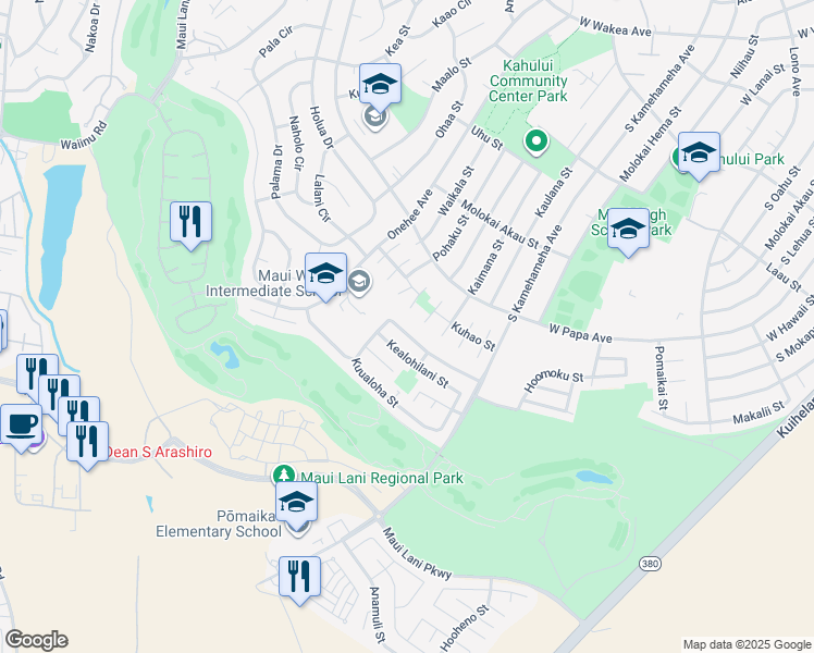 map of restaurants, bars, coffee shops, grocery stores, and more near 271 Kuualoha Street in Kahului