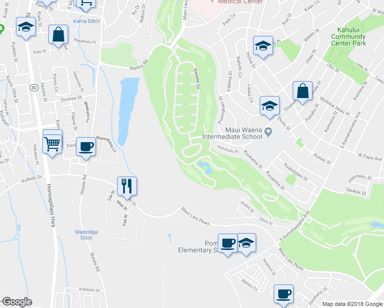 map of restaurants, bars, coffee shops, grocery stores, and more near 66 Kamaiki Circle in Kahului