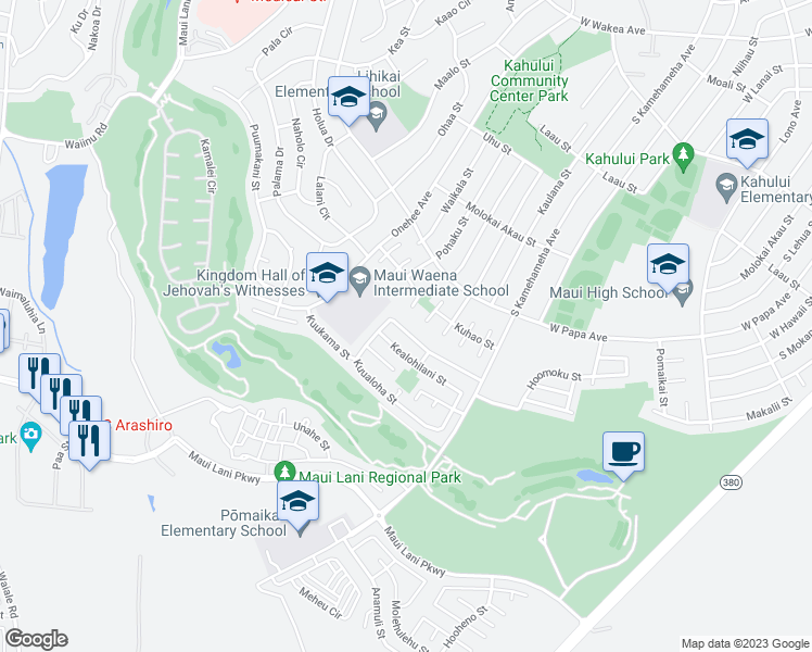 map of restaurants, bars, coffee shops, grocery stores, and more near 271 Kuualoha Street in Kahului