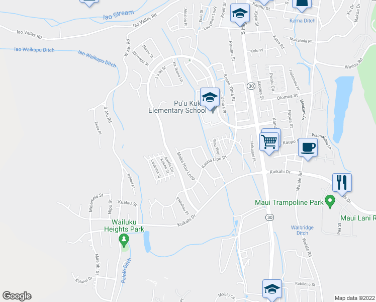 map of restaurants, bars, coffee shops, grocery stores, and more near 8 Kinohi Loa Street in Wailuku