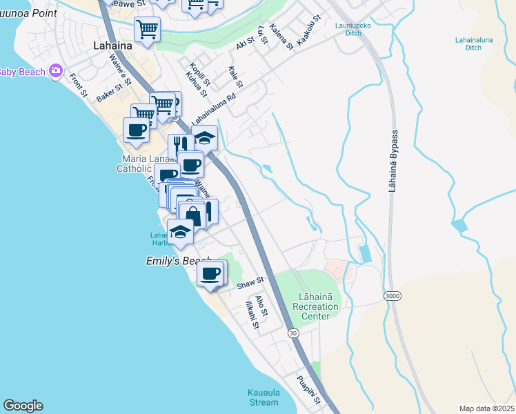 map of restaurants, bars, coffee shops, grocery stores, and more near Mill Street in Lahaina