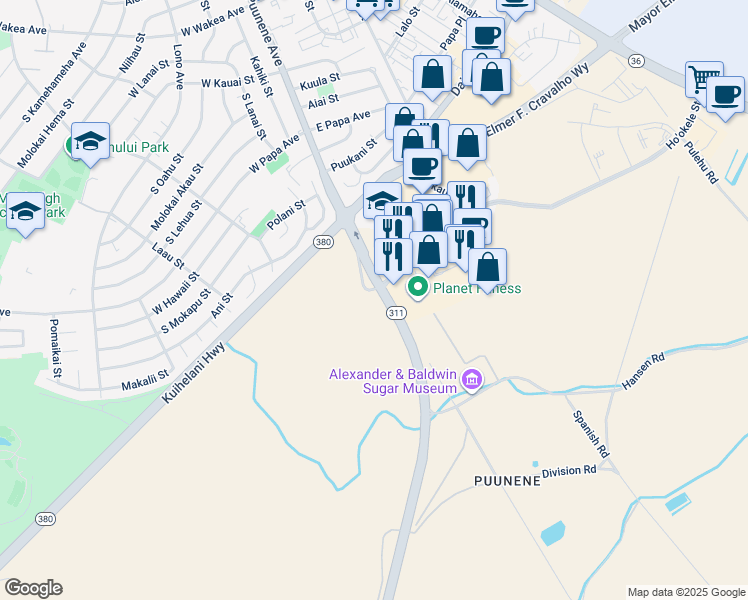 map of restaurants, bars, coffee shops, grocery stores, and more near 5 Ho'okele Street in Kahului