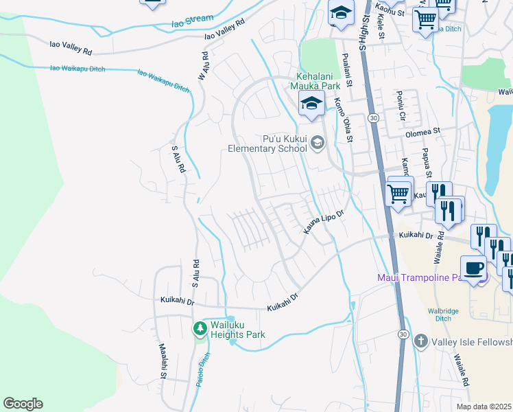 map of restaurants, bars, coffee shops, grocery stores, and more near 15 Awela Circle in Wailuku
