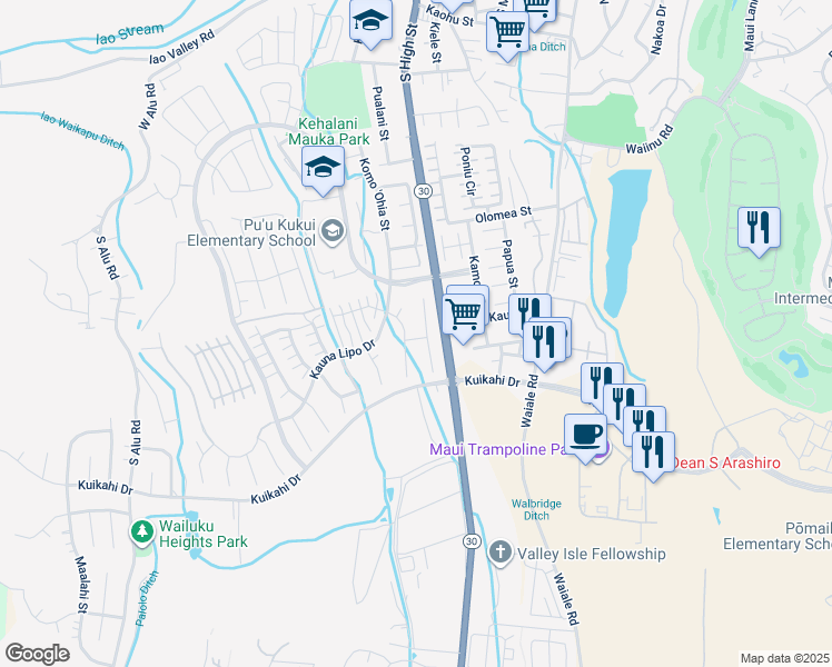 map of restaurants, bars, coffee shops, grocery stores, and more near 17 Malunawai Street in Wailuku