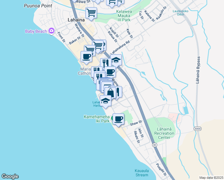 map of restaurants, bars, coffee shops, grocery stores, and more near 647 Luakini Street in Lahaina