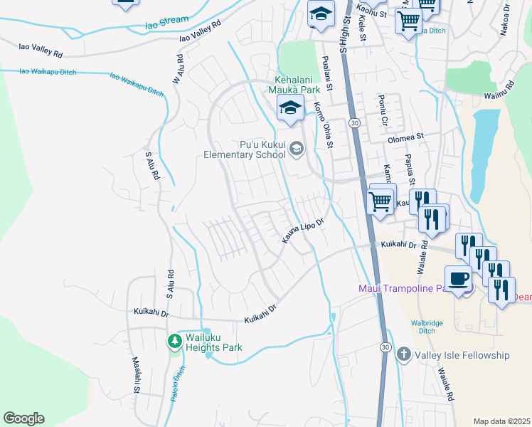 map of restaurants, bars, coffee shops, grocery stores, and more near 8 Kinohi Loa Street in Wailuku