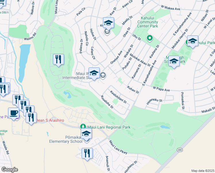 map of restaurants, bars, coffee shops, grocery stores, and more near 239 Kuualoha Street in Kahului