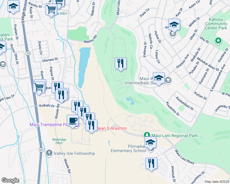 map of restaurants, bars, coffee shops, grocery stores, and more near 107 Kamaiki Circle in Kahului