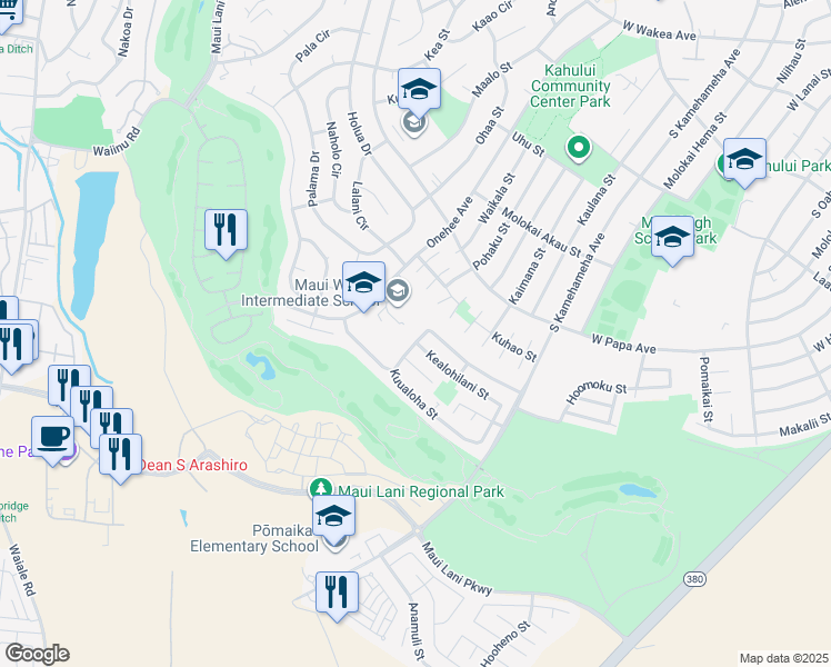 map of restaurants, bars, coffee shops, grocery stores, and more near 239 Kuualoha Street in Kahului