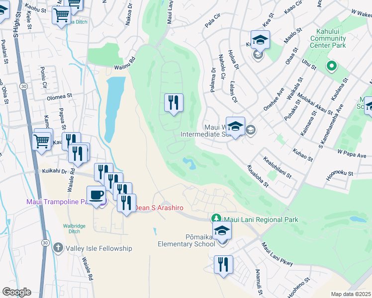 map of restaurants, bars, coffee shops, grocery stores, and more near 45 Kamaiki Circle in Kahului
