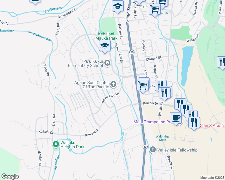 map of restaurants, bars, coffee shops, grocery stores, and more near 19 Kaalea Way in Wailuku