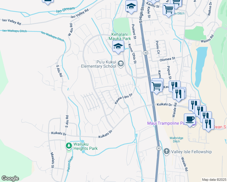 map of restaurants, bars, coffee shops, grocery stores, and more near 63 Maka Hou Loop in Wailuku