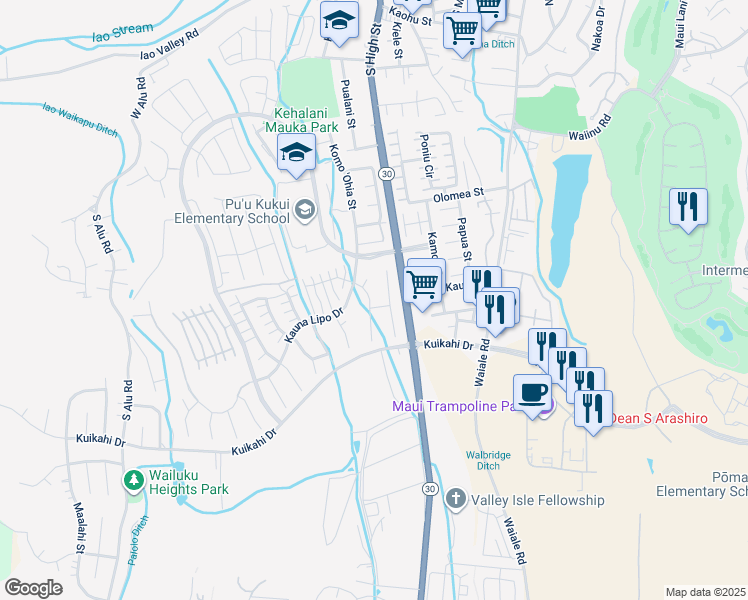 map of restaurants, bars, coffee shops, grocery stores, and more near 33 Maunaleo Street in Wailuku