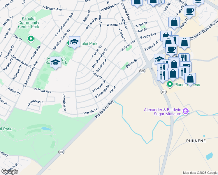 map of restaurants, bars, coffee shops, grocery stores, and more near 253 South Mokapu Street in Kahului
