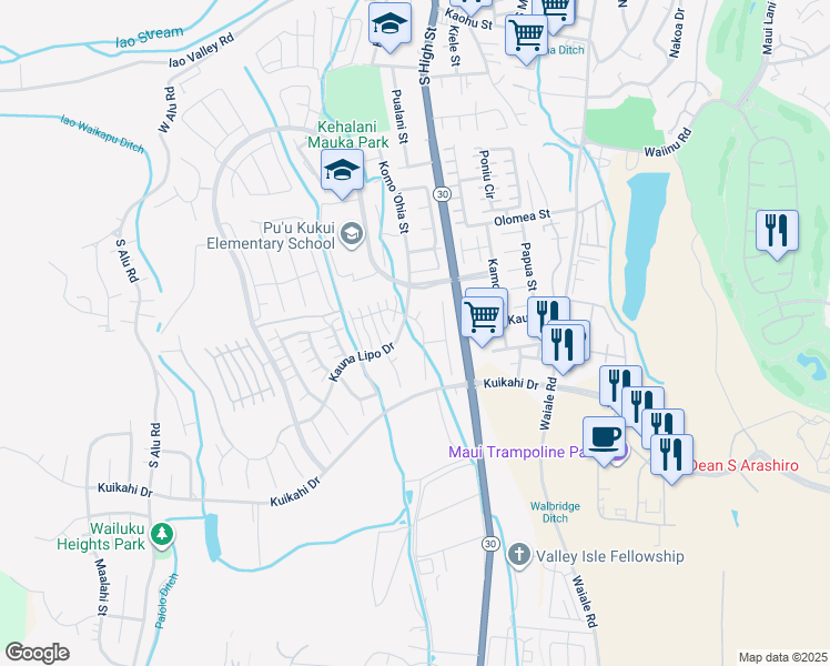 map of restaurants, bars, coffee shops, grocery stores, and more near 26 Maunaleo Street in Wailuku
