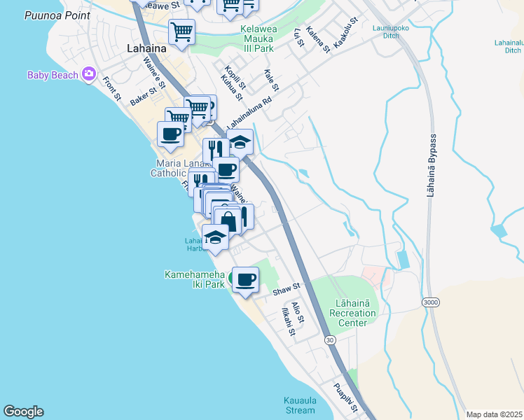 map of restaurants, bars, coffee shops, grocery stores, and more near 634 Waine'e Street in Lahaina