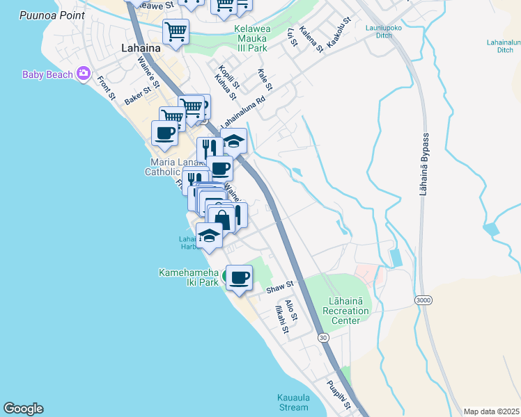 map of restaurants, bars, coffee shops, grocery stores, and more near 632 Waine'e Street in Lahaina