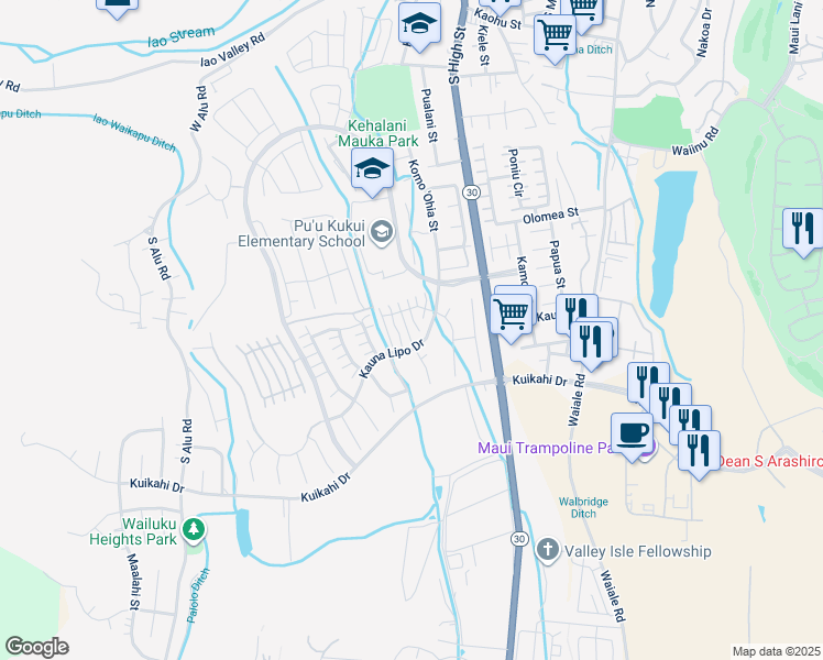 map of restaurants, bars, coffee shops, grocery stores, and more near 33 Kaalea Way in Wailuku