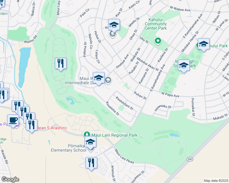 map of restaurants, bars, coffee shops, grocery stores, and more near 241 Kuualoha Street in Kahului