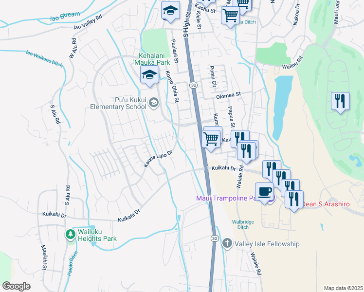 map of restaurants, bars, coffee shops, grocery stores, and more near 26 Maunaleo Street in Wailuku