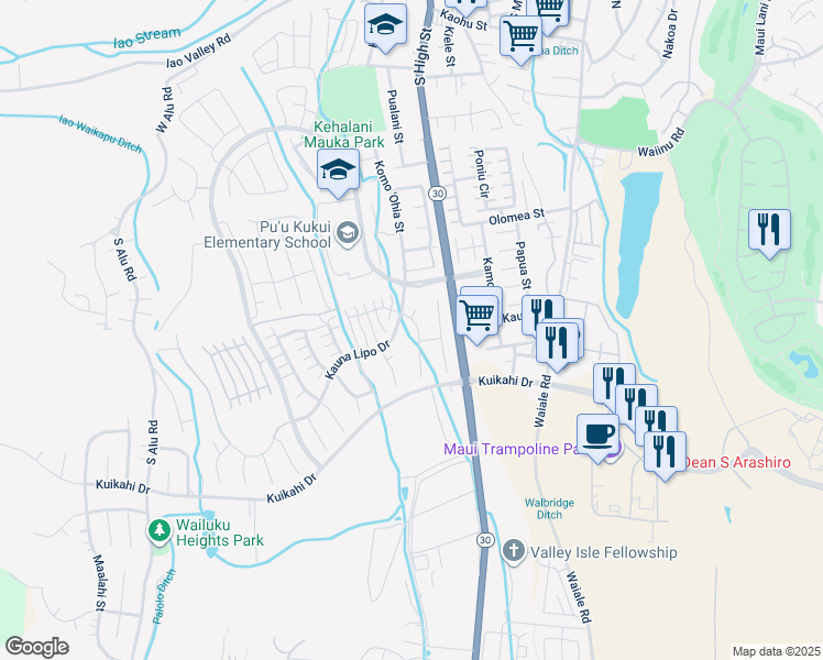 map of restaurants, bars, coffee shops, grocery stores, and more near 26 Maunaleo Street in Wailuku