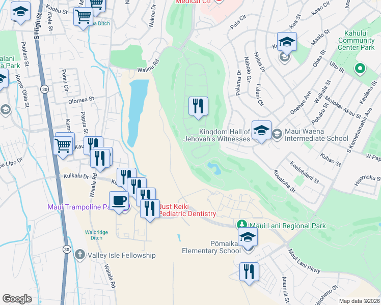 map of restaurants, bars, coffee shops, grocery stores, and more near 93 Kamaiki Circle in Kahului
