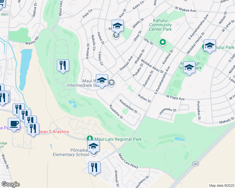 map of restaurants, bars, coffee shops, grocery stores, and more near 241 Kuualoha Street in Kahului