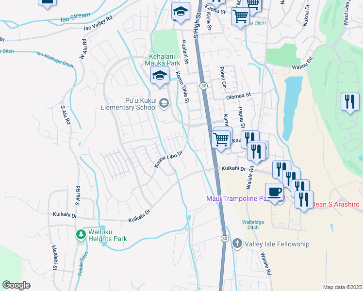 map of restaurants, bars, coffee shops, grocery stores, and more near 31 Kaloaloa Way in Wailuku