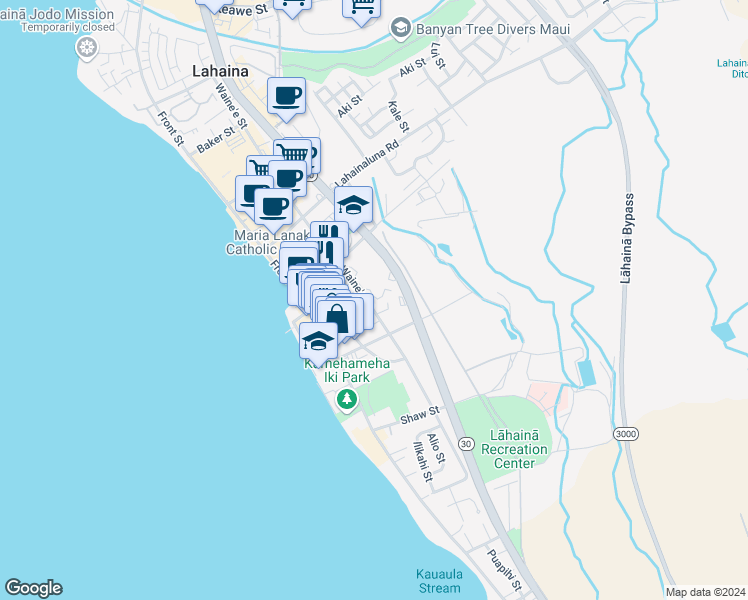 map of restaurants, bars, coffee shops, grocery stores, and more near 642 Waine'e Street in Lahaina