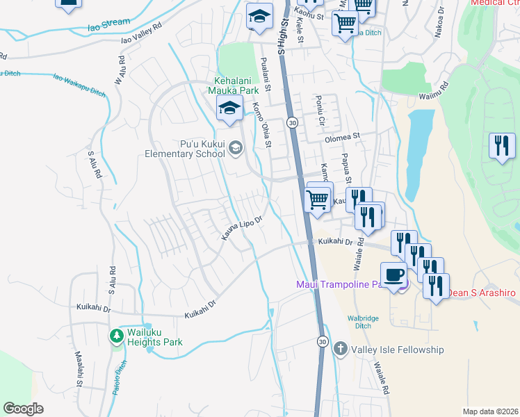 map of restaurants, bars, coffee shops, grocery stores, and more near 31 Kaloaloa Way in Wailuku