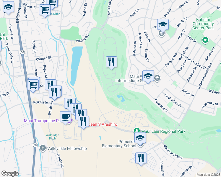 map of restaurants, bars, coffee shops, grocery stores, and more near 124 Kamaiki Circle in Kahului
